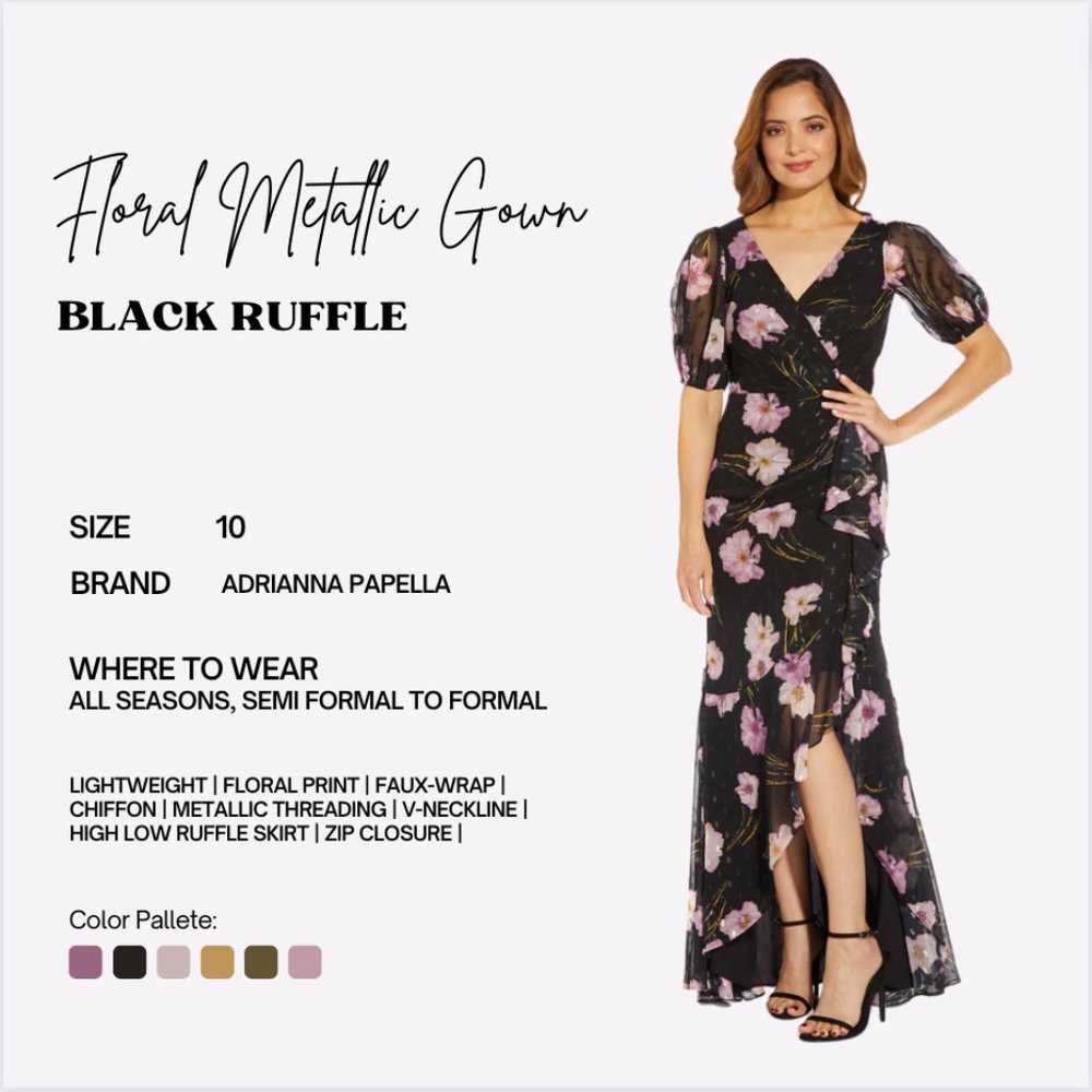 Floral Metallic Gown with Black Ruffles-Size 10